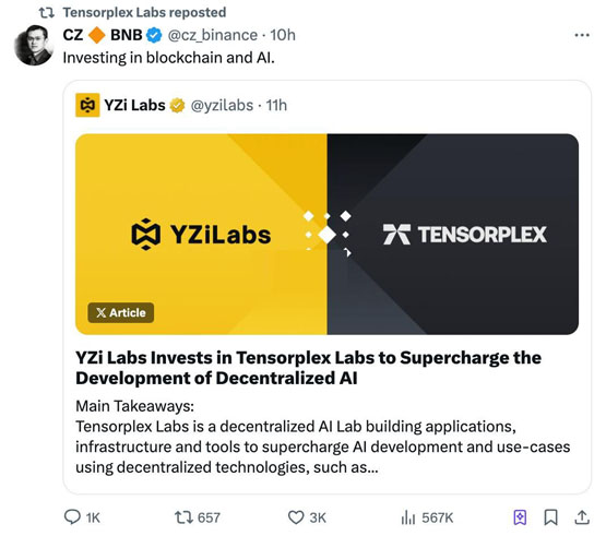 趙長(zhǎng)鵬YZi Labs投資TAO生態(tài)的Tensorplex Labs！Tensorplex Dojo單日飆升2倍