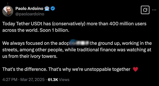 Tether CEO Paolo Ardoino高調(diào)喊話：穩(wěn)定幣多重宇宙到來(lái) USDT將邁向十億用戶