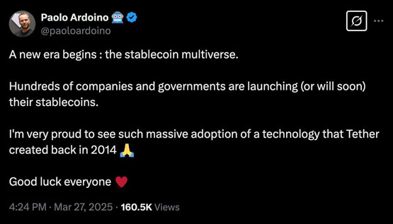 Tether CEO Paolo Ardoino高調(diào)喊話：穩(wěn)定幣多重宇宙到來(lái) USDT將邁向十億用戶