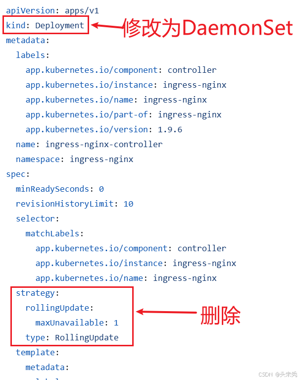 修改 Deployment 為 DaemonSet；移除 strategy 字段；