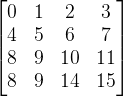 \begin{bmatrix} 0 & 1 & 2 &3 \\ 4& 5 &6 &7 \\ 8& 9 &10 &11 \\ 8& 9 &14 &15 \end{bmatrix}