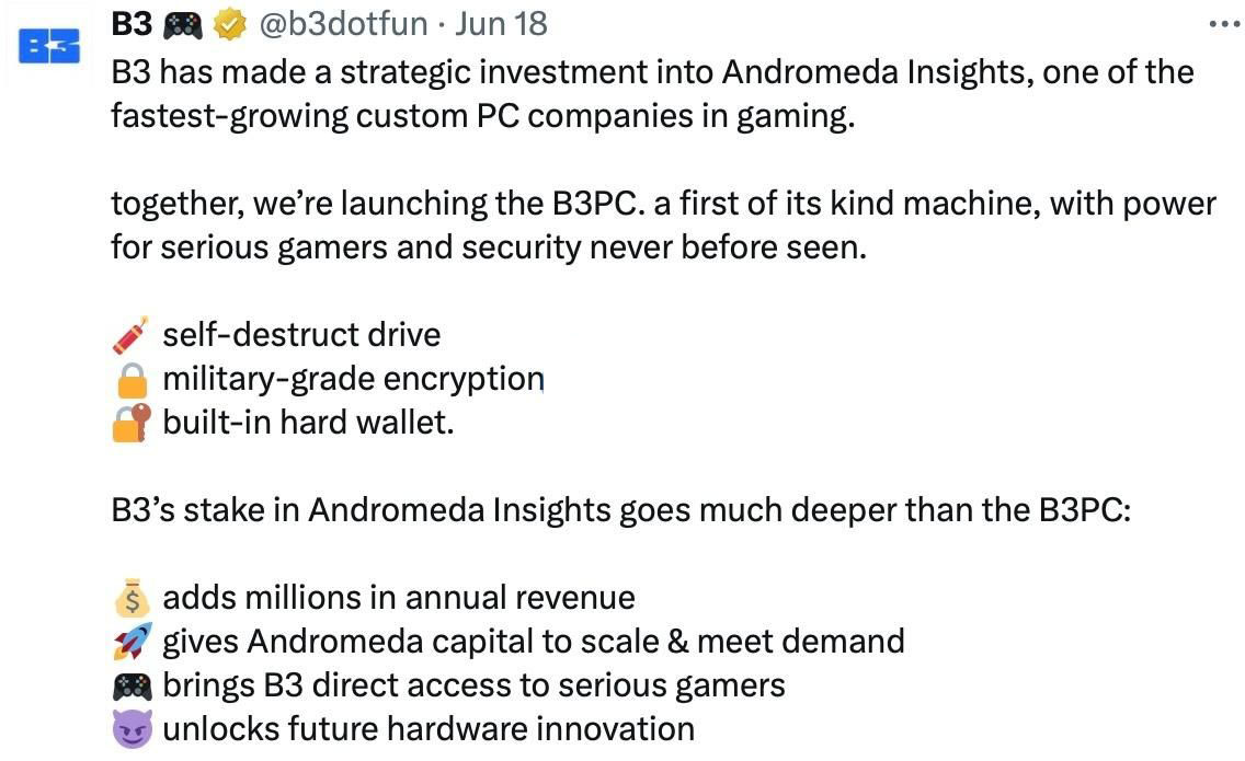 鏈游平臺(tái)B3收購電腦新創(chuàng)公司Andromeda Insights！將推出加密貨幣游戲主機(jī)B3PC