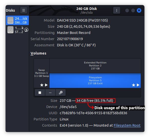 使用 Gnome Disks Tool 檢查可用磁盤空間
