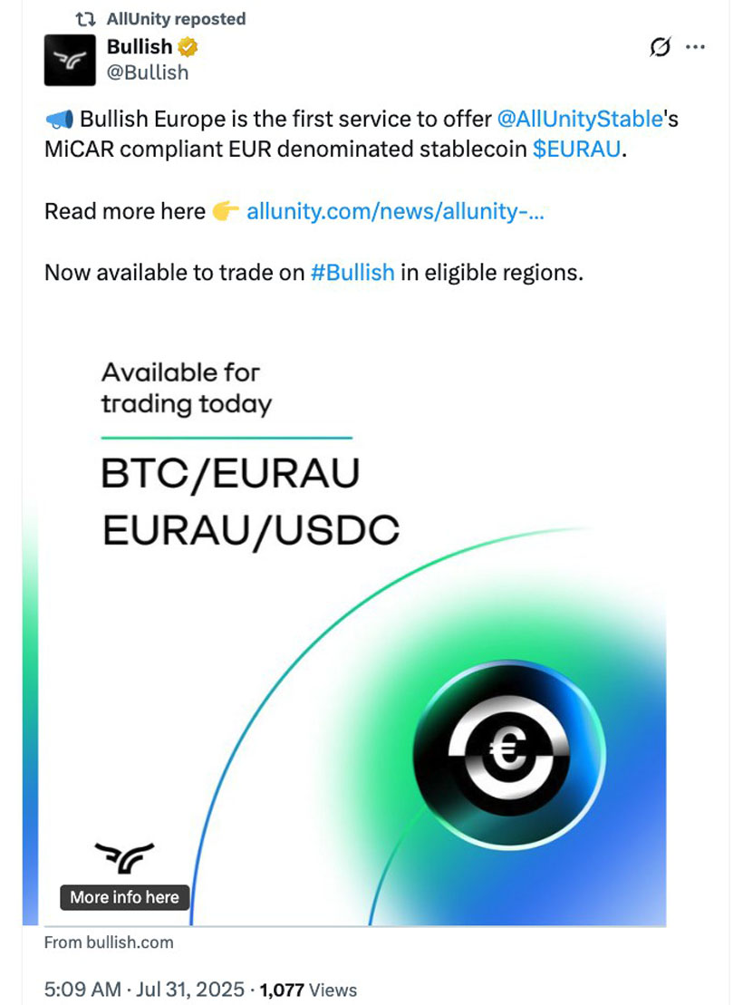 德意志銀行支持的EURAU穩(wěn)定幣推出