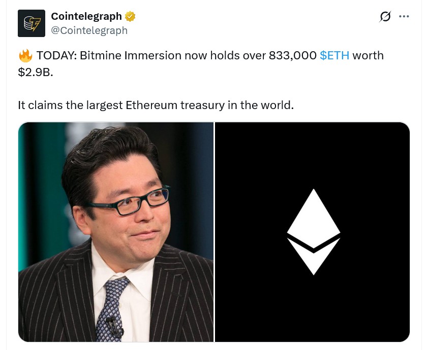 以太坊財(cái)庫(kù)公司BitMine在ETH上漲6%后持倉(cāng)價(jià)值突破30億美元
