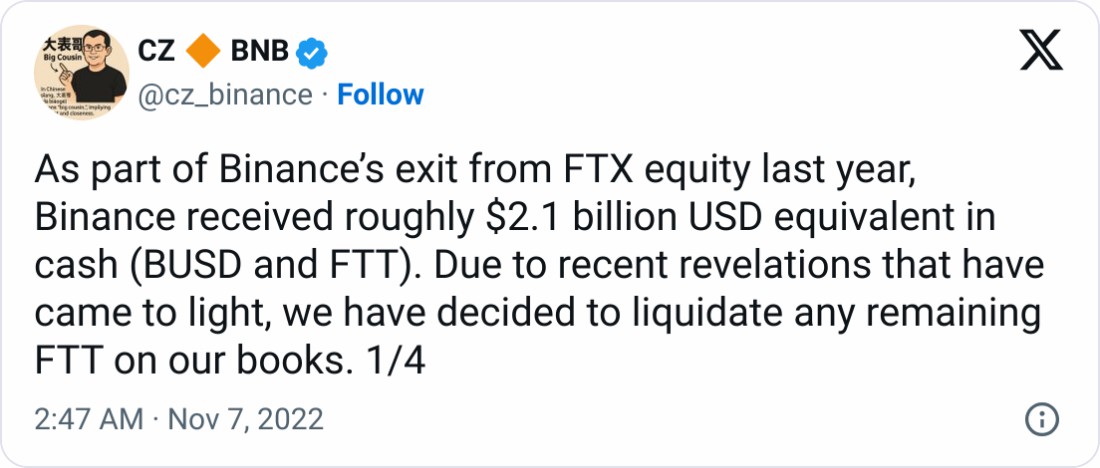 幣安（Binance）創(chuàng)始人趙長鵬尋求駁回18億美元FTX訴訟