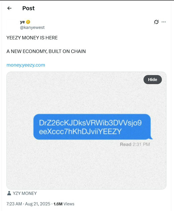 分析師：Kanye West迷因幣YZY狙擊錢包與2100萬美元LIBRA內(nèi)幕交易有關(guān)