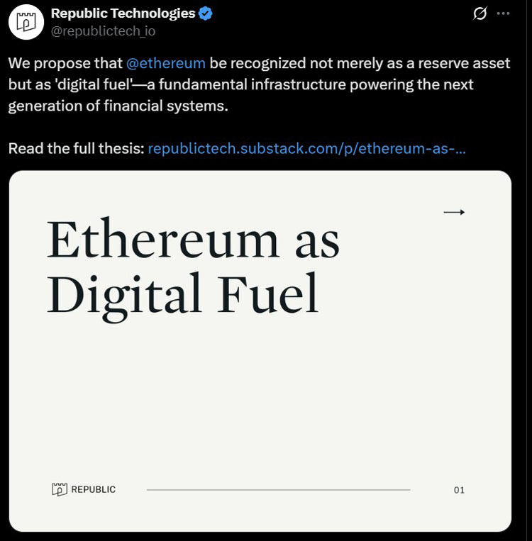 ?Republic零利率融資1億美元購ETH?