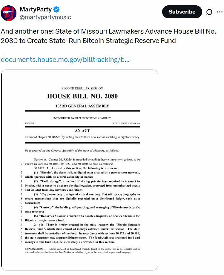 密苏里州推动比特币储备计划