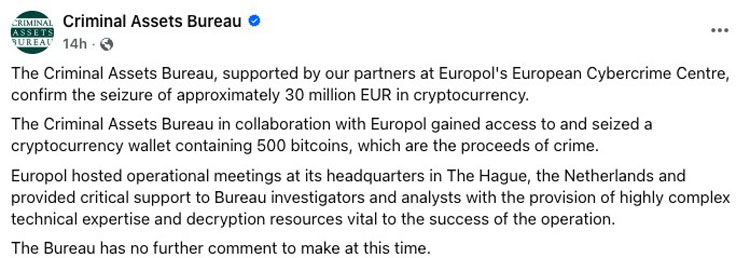 爱尔兰警方打开多年比特币钱包