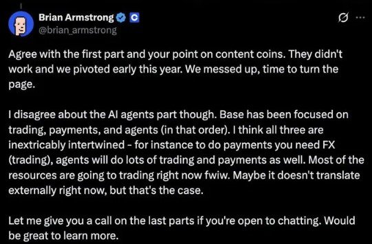 Coinbase CEO承认Base内容代币策略失败,ZORA 已跌 95%,转向交易与AI