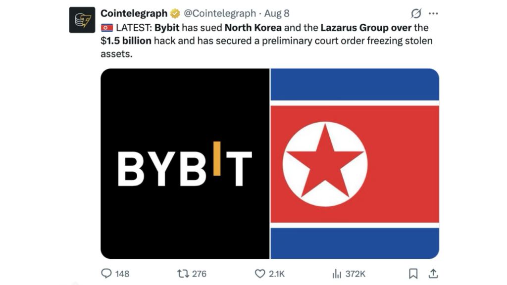 Bybit就15亿美元加密货币盗窃案起诉朝鲜和Lazarus集团
