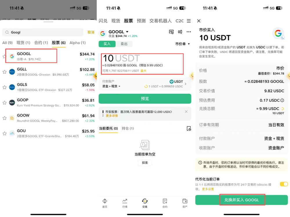 币安购买真实美股(GOOGL)