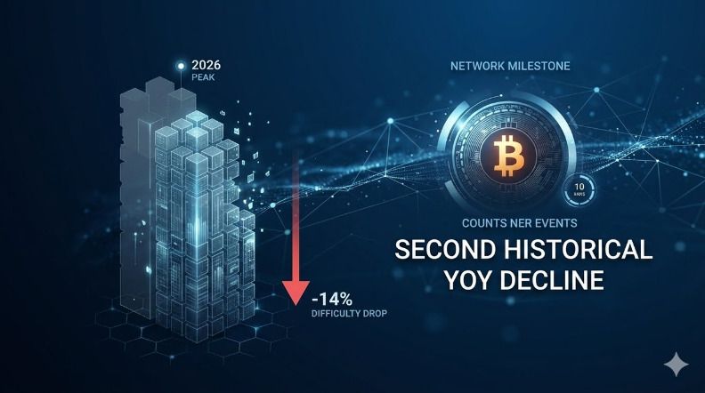 比特币挖矿难度较2026年高点下降 14%——这是网络历史上第二次年同比下降