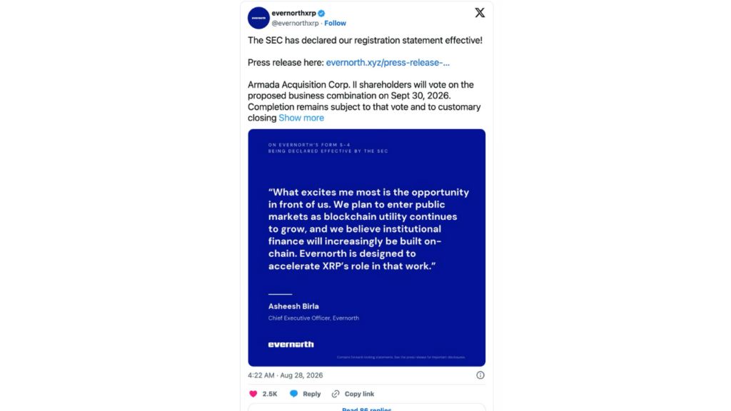 XRP概念 Evernorth 获 SEC 通过,纳斯达克上市在望
