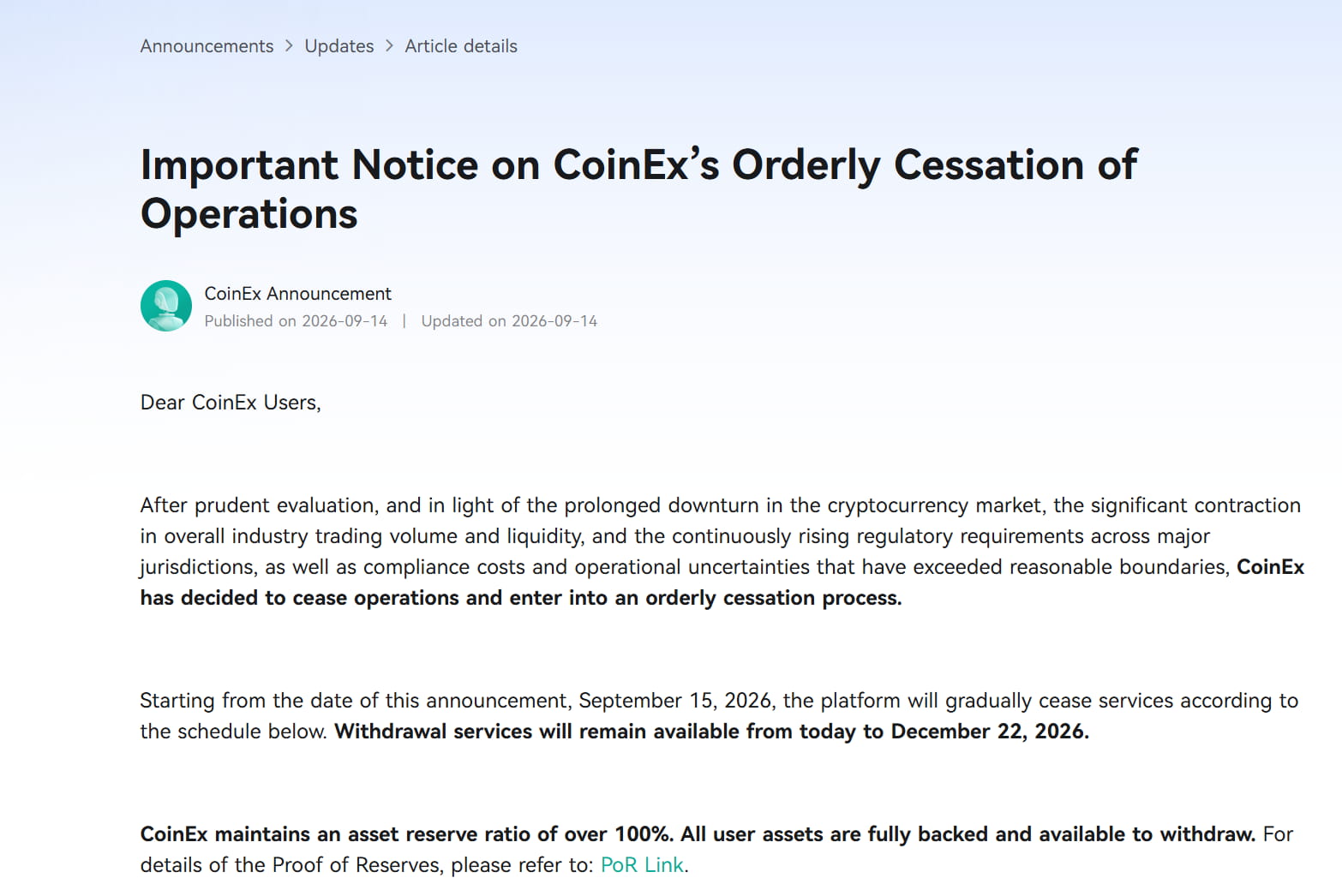 CoinEx交易所宣布停运