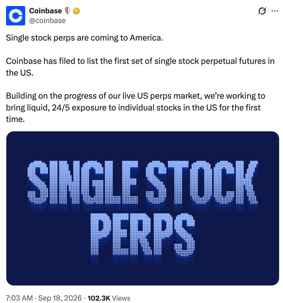 Coinbase向CFTC提交申请,计划将单一股票永续期货引入美国市场,支持24小时交易
