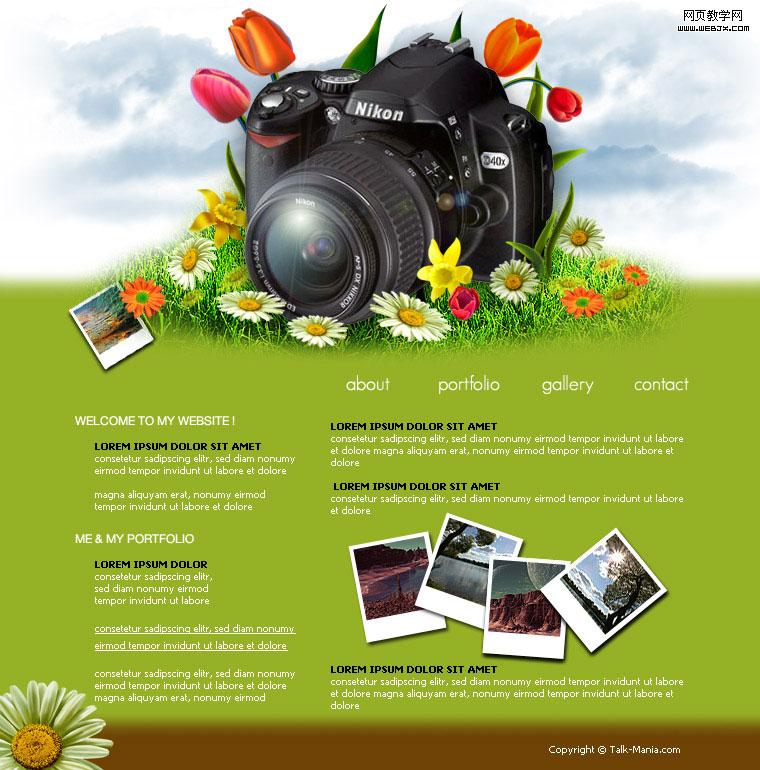 Photoshop 綠色風(fēng)格的相機(jī)網(wǎng)頁(yè)平面圖