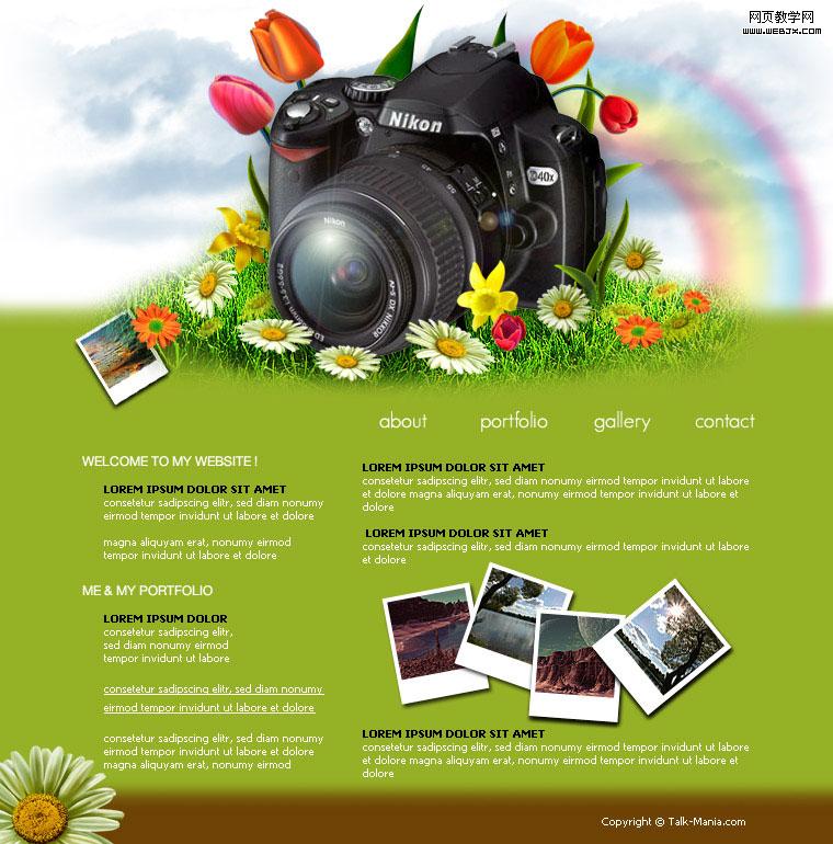 Photoshop 綠色風(fēng)格的相機(jī)網(wǎng)頁(yè)平面圖