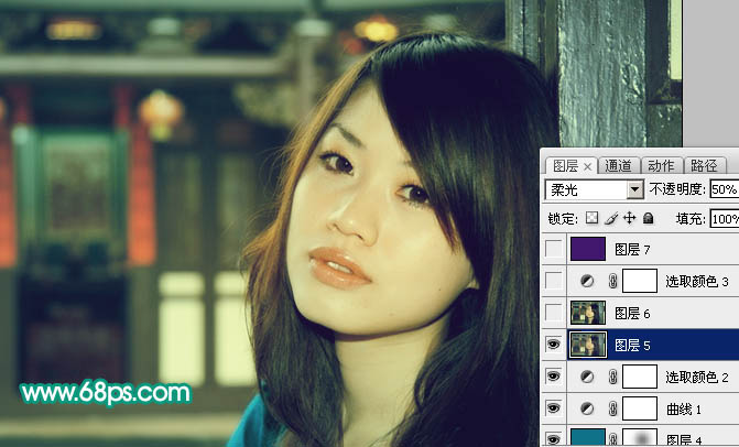 Photoshop将室内人物图片调成古典青黄色