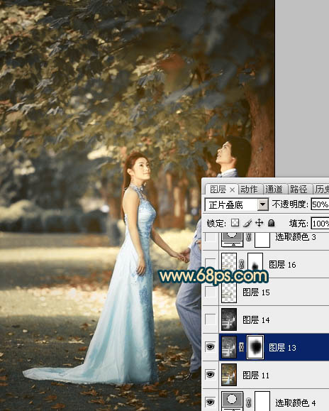 Photoshop将树林婚片调成柔美的暗暖色
