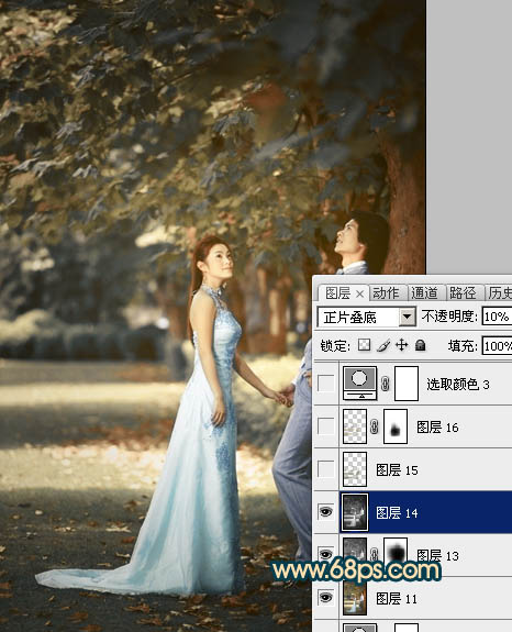 Photoshop将树林婚片调成柔美的暗暖色