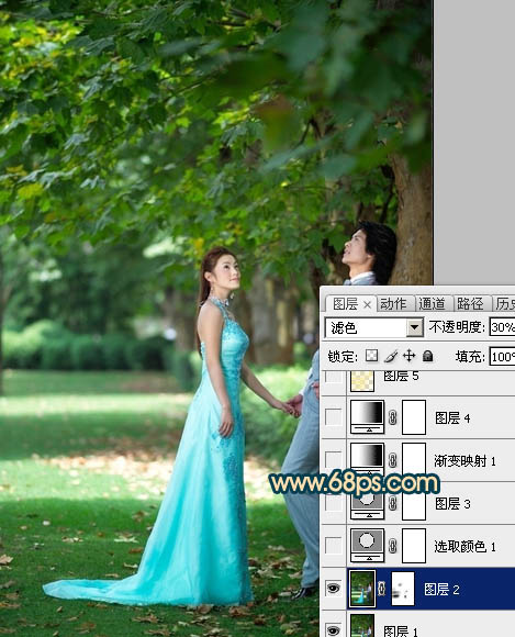 Photoshop将树林婚片调成柔美的暗暖色
