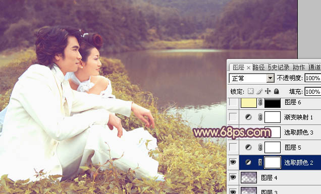 Photoshop调出湖景婚片甜美的紫黄色