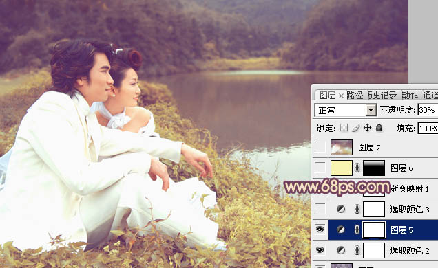 Photoshop调出湖景婚片甜美的紫黄色