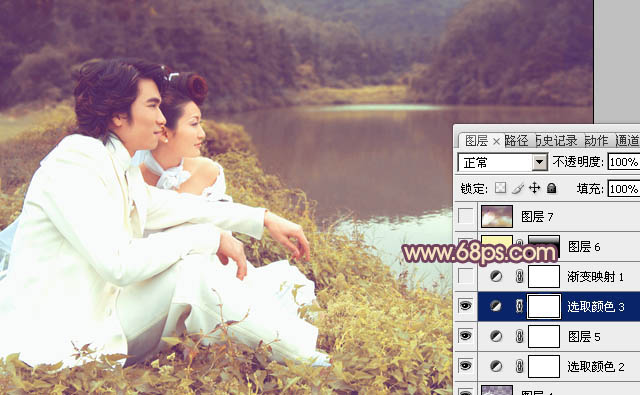 Photoshop调出湖景婚片甜美的紫黄色