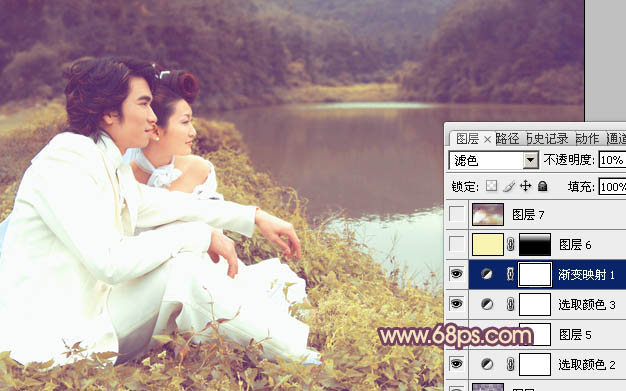 Photoshop调出湖景婚片甜美的紫黄色