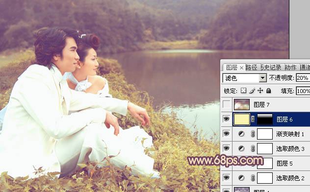 Photoshop调出湖景婚片甜美的紫黄色