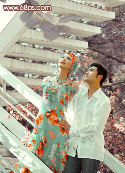 Photoshop将外景婚片调成甜美的红褐色