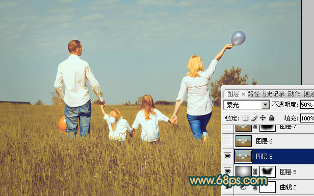 Photoshop下将草地人物图片调成柔美的暗调橙红色