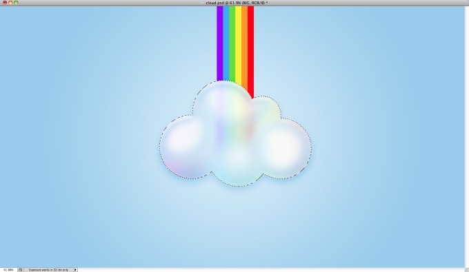 Photoshop打造非?？蓯鄣耐该髟撇时诩? height="395" hspace="6" width="680" vspace="6" border="0"  src="http://img.jbzj.com/file_images/photoshop/201104/2011040811295342.jpg" /><br /><br />18、創(chuàng)建一個(gè)云的形狀選區(qū)并添加一個(gè)新層，填充彩虹的顏色，并適用于至少100像素的半徑高斯模糊。<br /><br /><img alt=