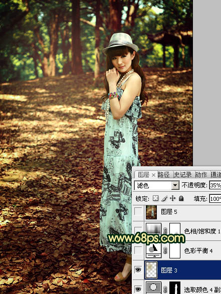 Photoshop将树林女孩图片调成柔和的暗调红青色