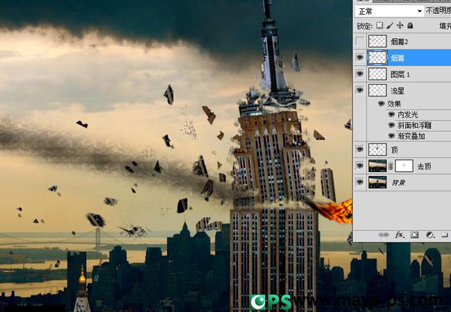 photoshop合成流星撞擊摩天大樓爆炸的特效