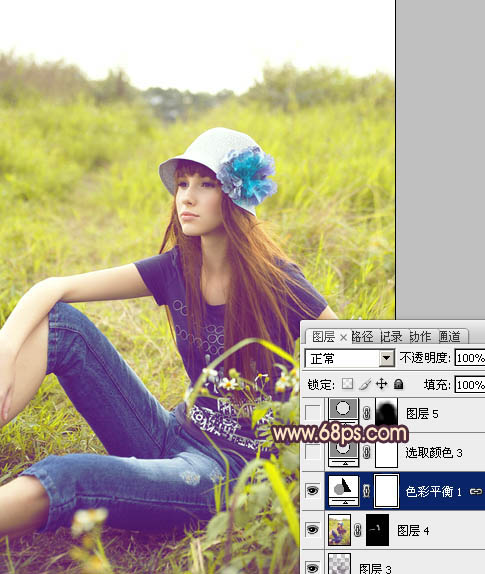 Photoshop将草地美女图片调成鲜艳的蓝黄色