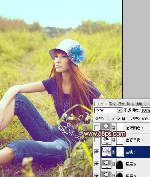 Photoshop将草地美女图片调成鲜艳的蓝黄色