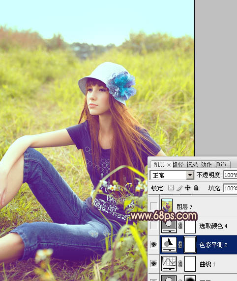 Photoshop将草地美女图片调成鲜艳的蓝黄色