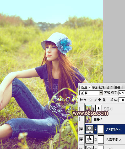 Photoshop将草地美女图片调成鲜艳的蓝黄色