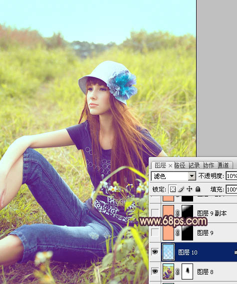 Photoshop将草地美女图片调成鲜艳的蓝黄色