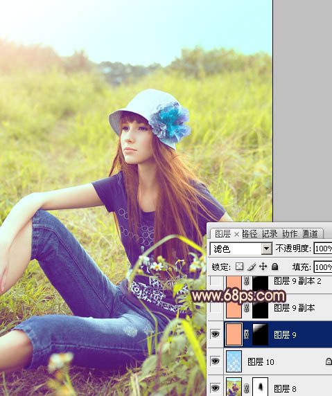 Photoshop将草地美女图片调成鲜艳的蓝黄色
