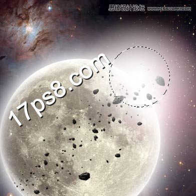Photoshop設(shè)計制作紫色星球隕石圍繞地球飛行壁紙