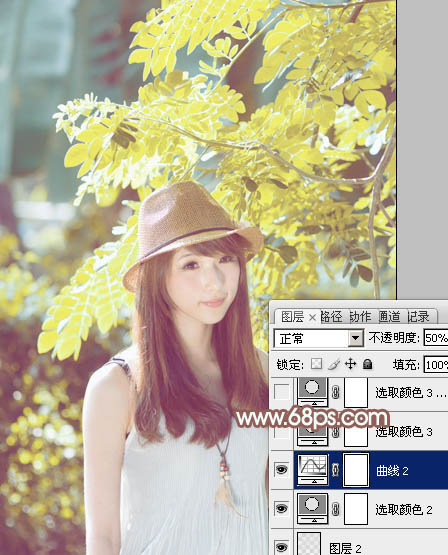 Photoshop將綠樹邊的美女調(diào)制出甜美的小清新淡褐色