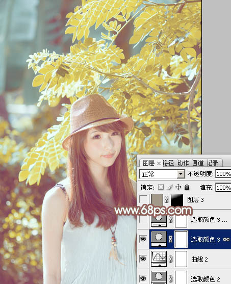 Photoshop將綠樹邊的美女調(diào)制出甜美的小清新淡褐色
