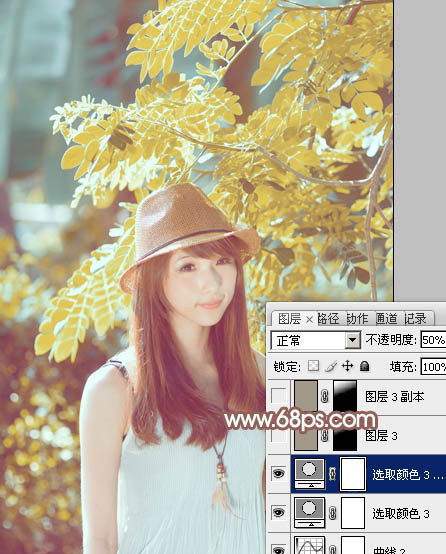 Photoshop將綠樹邊的美女調(diào)制出甜美的小清新淡褐色