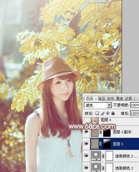 Photoshop將綠樹邊的美女調(diào)制出甜美的小清新淡褐色