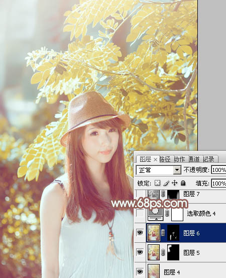 Photoshop將綠樹邊的美女調(diào)制出甜美的小清新淡褐色