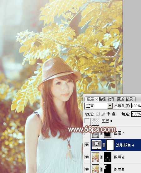 Photoshop將綠樹邊的美女調(diào)制出甜美的小清新淡褐色
